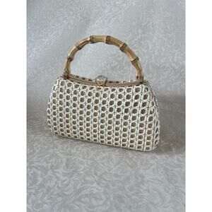 Vintage White Woven Handbag Bamboo Top Handle Resin Flower Detail Boho
